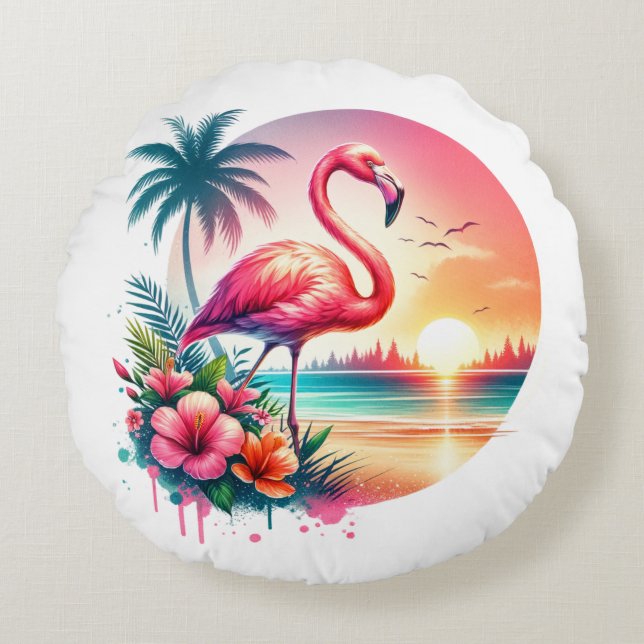 Roze Flamingo Sunset Clipart Rond Kussen (Voorkant)