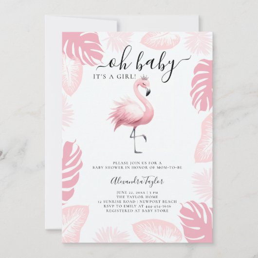 Roze Flamingo Tiara Tropical Leaf Meisje Baby show Kaart (Voorkant)