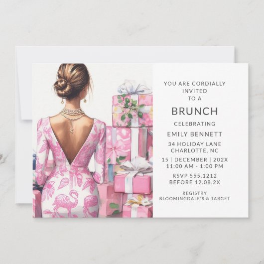 Roze Flamingo Toile Brunch Bruidsuitnodiging Kaart (Voorkant)