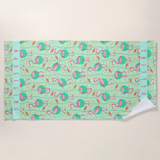 Roze Flamingo Tropical Art Deco Retro Green Custom Strandlaken (Voorkant)