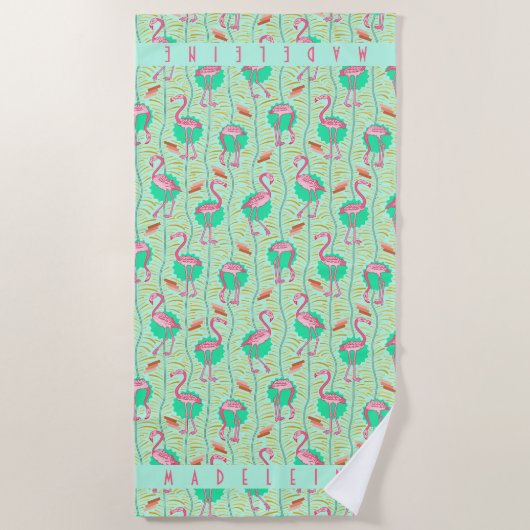 Roze Flamingo Tropical Art Deco Retro Green Custom Strandlaken (Voorkant)