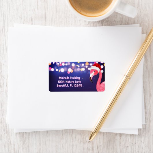 Roze Flamingo Tropical Beach-kerstadres Etiket (Insitu)