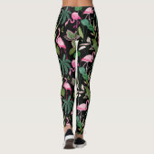 Roze Flamingo Tropical Botanical Black Achtergrond Leggings (Achterkant)