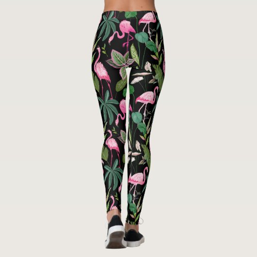 Roze Flamingo Tropical Botanical Black Achtergrond Leggings (Achterkant)