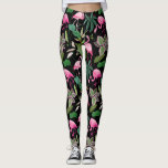 Roze Flamingo Tropical Botanical Black Achtergrond Leggings<br><div class="desc">Stap uit in stijl met deze leuke leggings met een roze flamingo patroon dat wordt gemarkeerd door tropische plantaardig materiaal en een zwarte achtergrond. Ideaal voor werkuitgangen,  en avond in de stad en elke dag draag.</div>