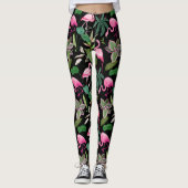 Roze Flamingo Tropical Botanical Black Achtergrond Leggings (Voorkant)