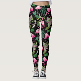 Roze Flamingo Tropical Botanical Black Achtergrond Leggings