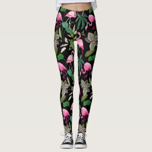 Roze Flamingo Tropical Botanical Black Achtergrond Leggings