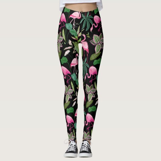 Roze Flamingo Tropical Botanical Black Achtergrond Leggings (Voorkant)