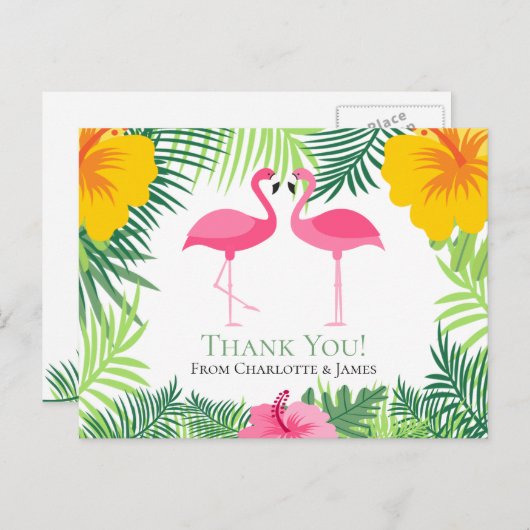 Roze Flamingo Tropical Dank je bruiloft Briefkaart (Voorkant / Achterkant)