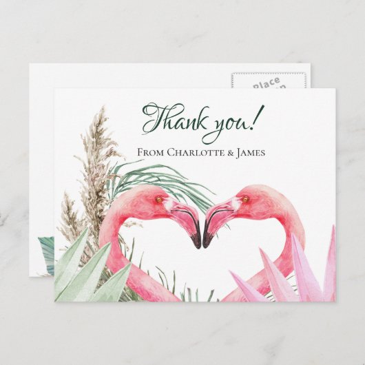 Roze Flamingo Tropical Dank je bruiloft Briefkaart (Voorkant / Achterkant)