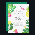 Roze Flamingo Tropical Exotic 30th Birthday Party Kaart<br><div class="desc">30e verjaardagsfeestdag met een rondleiding met exotische tropische bladeren en bloemen,  vers fruit,  een flamingo en trendy handschrift typografie.</div>