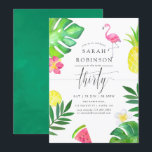Roze Flamingo Tropical Exotic 30th Birthday Party Kaart<br><div class="desc">30e verjaardagsfeestdag met een rondleiding met exotische tropische bladeren en bloemen,  vers fruit,  een flamingo en trendy handschrift typografie.</div>