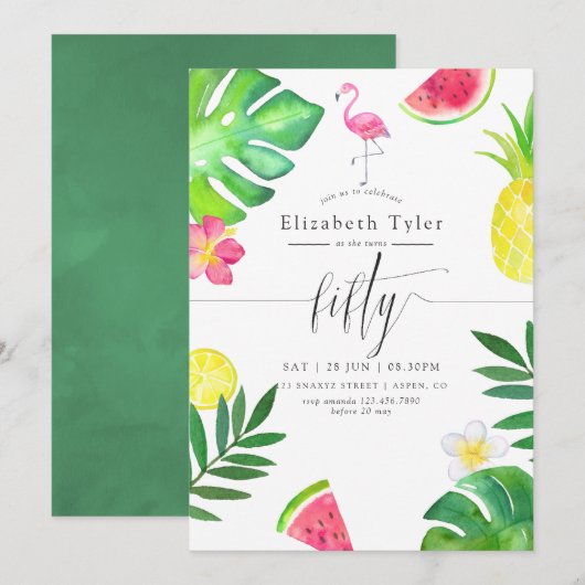 Roze Flamingo Tropical Exotic 50th Birthday Party Kaart (Voorkant / Achterkant)