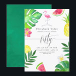 Roze Flamingo Tropical Exotic 50th Birthday Party Kaart<br><div class="desc">50e verjaardagsfeestdag met handschrift-typografie met exotische tropische bladeren en bloemen,  vers fruit en een flamingo.</div>