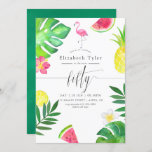 Roze Flamingo Tropical Exotic 50th Birthday Party Kaart<br><div class="desc">50e verjaardagsfeestdag met handschrift-typografie met exotische tropische bladeren en bloemen,  vers fruit en een flamingo.</div>