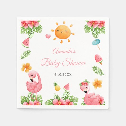 Roze Flamingo Tropical Flowers Baby shower servett Servet (Voorkant)