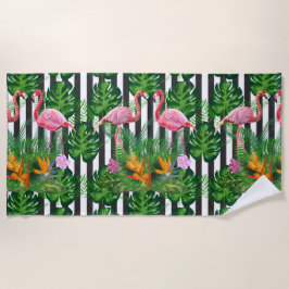 Roze Flamingo Tropical Flowers Dark Grunge Stripe Strandlaken