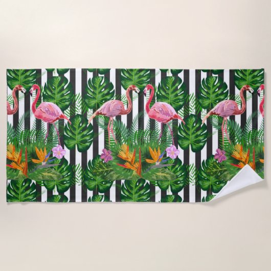 Roze Flamingo Tropical Flowers Dark Grunge Stripe Strandlaken (Voorkant)