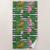 Roze Flamingo Tropical Flowers Dark Grunge Stripe Strandlaken (Voorkant)