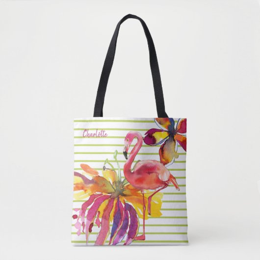 Roze Flamingo Tropical Flowers gepersonaliseerd Tote Bag (Voorkant)