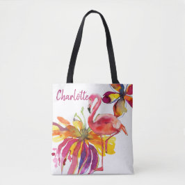 Roze Flamingo Tropical Flowers gepersonaliseerd Tote Bag