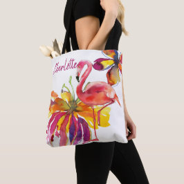Roze Flamingo Tropical Flowers gepersonaliseerd Tote Bag