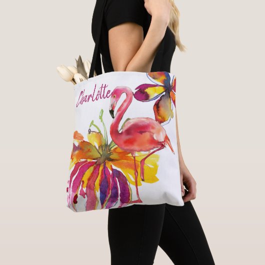Roze Flamingo Tropical Flowers gepersonaliseerd Tote Bag (Dichtbij)