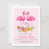Roze Flamingo Tropical Flowers New Baby Aankondiging (Voorkant)
