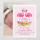 Roze Flamingo Tropical Flowers New Baby Aankondiging (Voorkant / Achterkant)