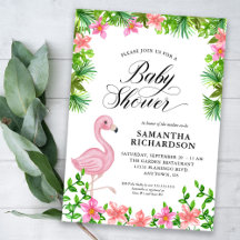 Roze Flamingo Tropical Flowers Script Baby shower