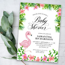 Roze Flamingo Tropical Flowers Script Baby shower Kaart