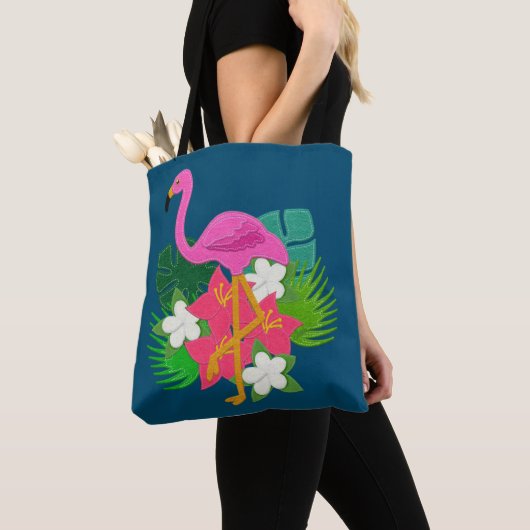Roze Flamingo Tropical Flowers Tote Bag (Dichtbij)