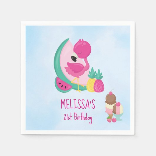 Roze Flamingo Tropical Fruit & Ice Cream Birthday Servet (Voorkant)