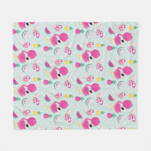 Roze Flamingo & Tropical Fruits Pattern Fleece Deken (Voorkant (Horizontaal))