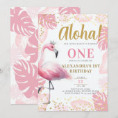 Roze Flamingo Tropical Hawaii Aloha 1e verjaardag Kaart (Voorkant / Achterkant)