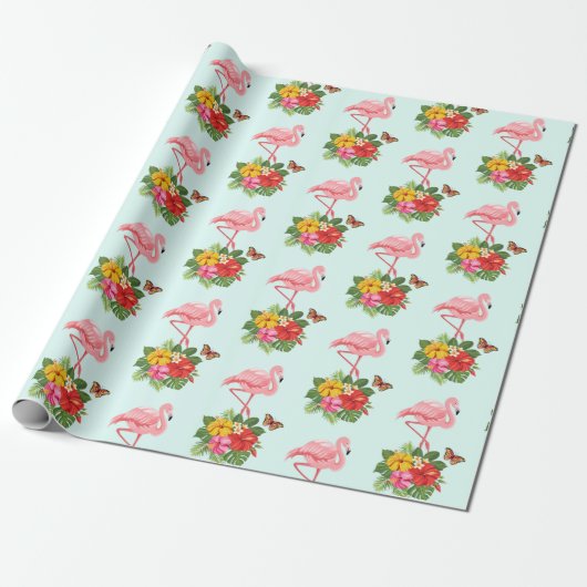 Roze Flamingo & Tropical Hibiscus Fancy Patroon Cadeaupapier (Uitgerold)