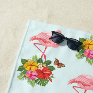Roze Flamingo & Tropical Hibiscus Fancy Patroon Strandlaken