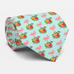 Roze Flamingo & Tropical Hibiscus Fancy Patroon Stropdas