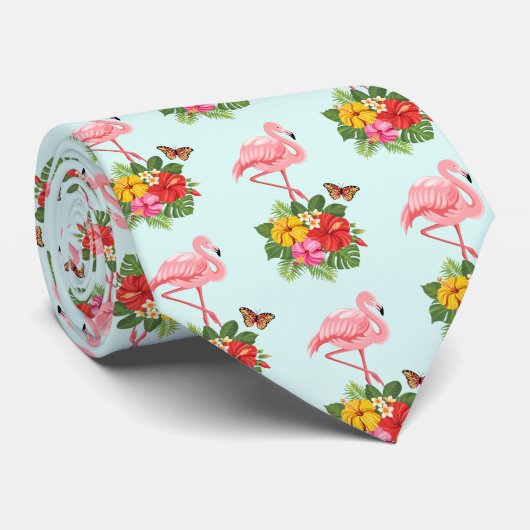 Roze Flamingo & Tropical Hibiscus Fancy Patroon Stropdas (Opgerold)