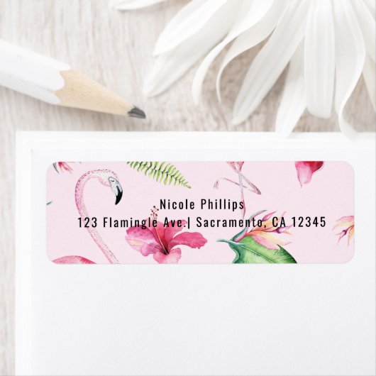 Roze Flamingo Tropical Hibiscus Floral Fun Etiket (Insitu)