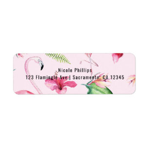 Roze Flamingo Tropical Hibiscus Floral Fun Etiket