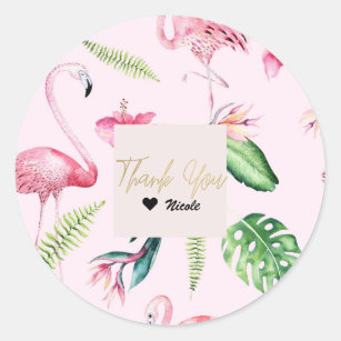 Roze Flamingo Tropical Hibiscus Floral Fun Favor Ronde Sticker