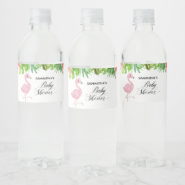 Roze Flamingo Tropical Leaves Baby shower Waterfles Etiket