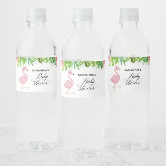 Roze Flamingo Tropical Leaves Baby shower Waterfles Etiket (Flessen)