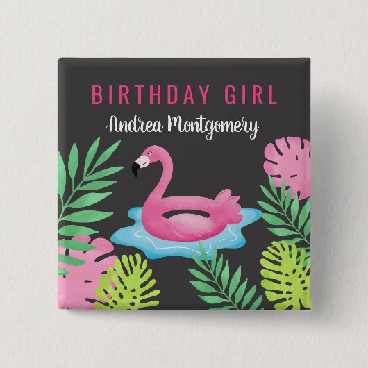 Roze Flamingo Tropical Pool Party Button Name Tag (Voorkant)