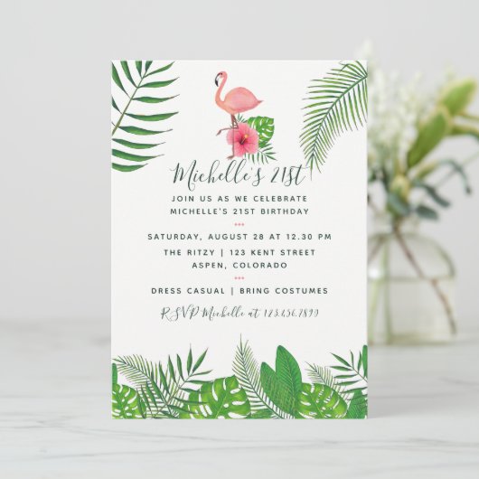 Roze Flamingo Tropical Waterverf 21st Birthday Kaart (Staand voorkant)