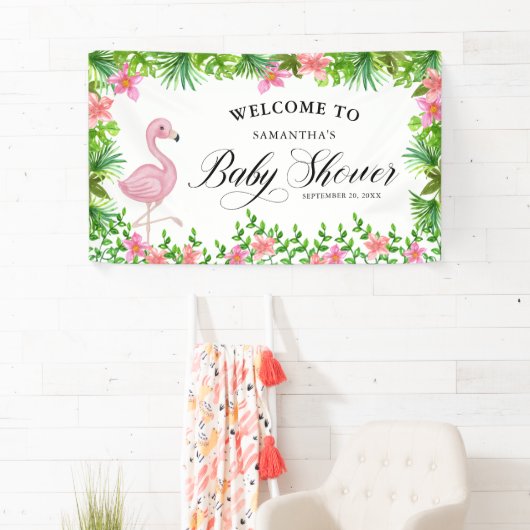 Roze Flamingo Tropical Welkom in Baby shower Spandoek (Insitu)