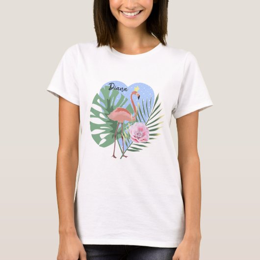 Roze Flamingo tropisch blad palm T-shirt (Voorkant)