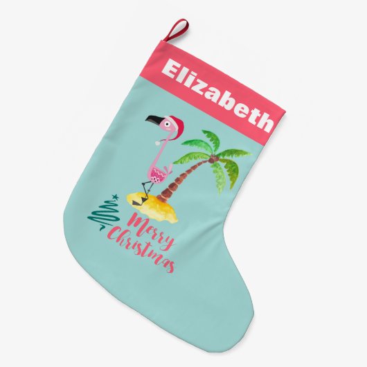 Roze Flamingo Tropisch Eiland Kerstmis Grote Kerstsok (Voorkant (Hangend))